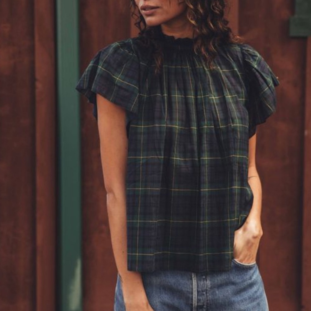 Trovata High Neck Plaid Cotton Voile Top